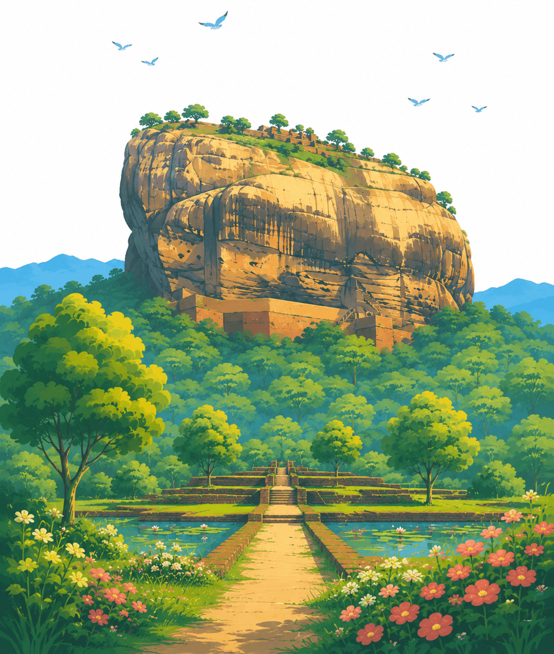 Illustration of Sigiriya Rock rising above gardens and forest.