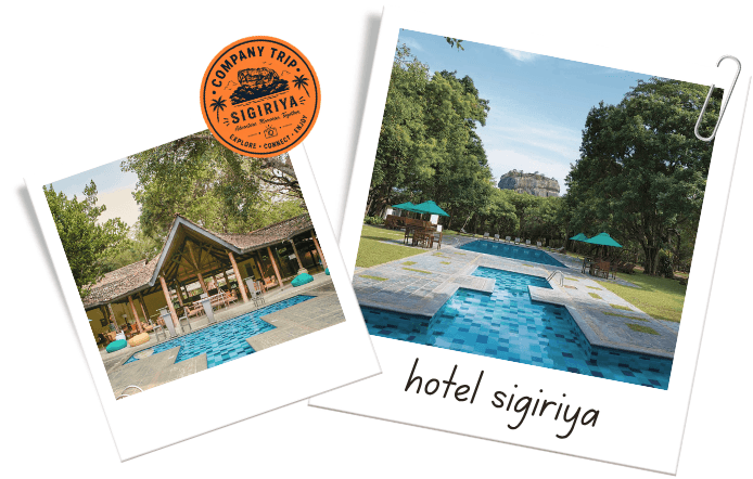 Hotel Sigiriya scrapbook photos with a company trip badge.