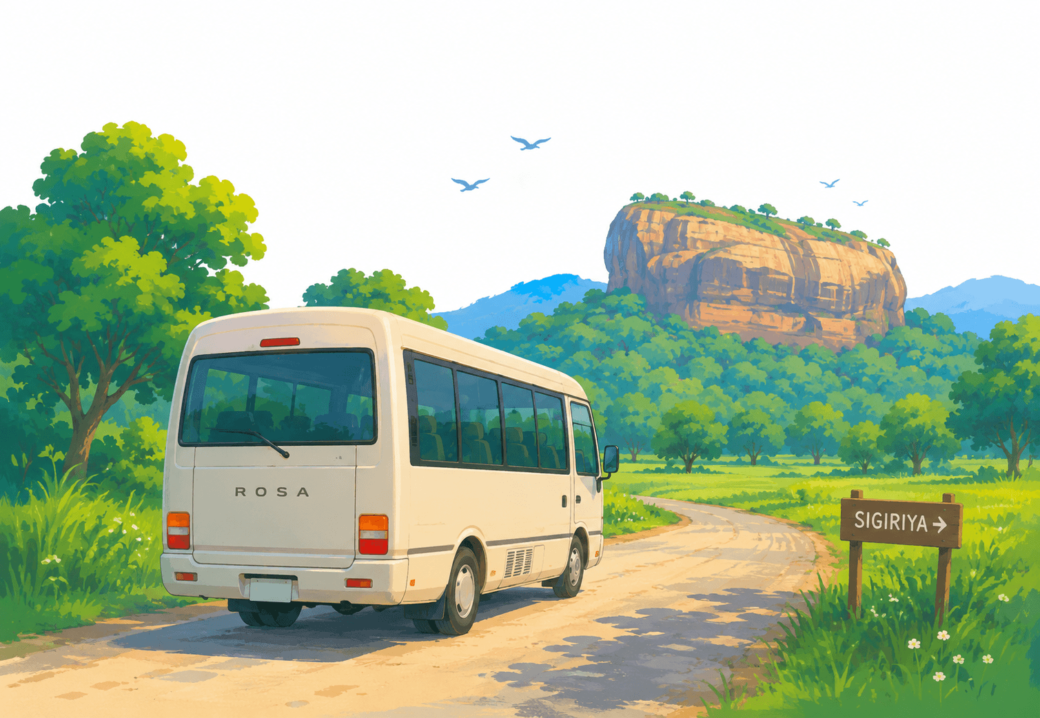 Illustration of a bus travelling toward Sigiriya through green hills.